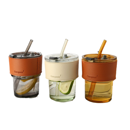Eco-friendly Trendy Bamboo Glass Cup with Straw and Sleeve