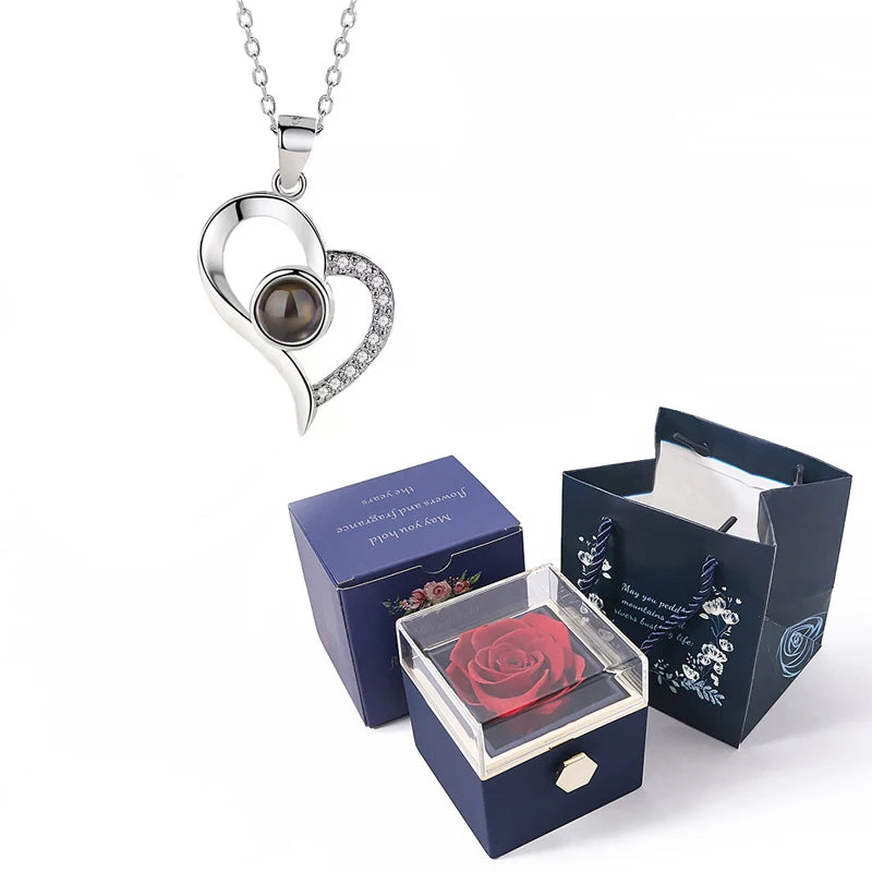Custom Color Photo Projection Necklace With 360° Rotating Rose Gift Box Heart Pendant For Women Stainless Steel Chain Jewelry