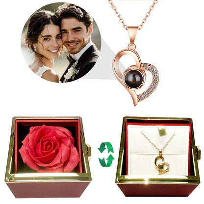 Custom Color Photo Projection Necklace With 360° Rotating Rose Gift Box Heart Pendant For Women Stainless Steel Chain Jewelry