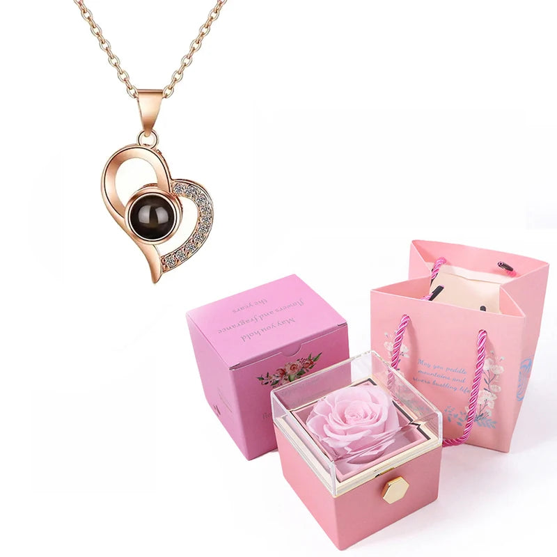 Custom Color Photo Projection Necklace With 360° Rotating Rose Gift Box Heart Pendant For Women Stainless Steel Chain Jewelry