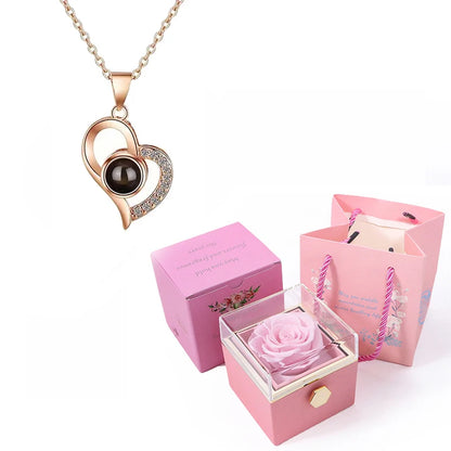 Custom Color Photo Projection Necklace With 360° Rotating Rose Gift Box Heart Pendant For Women Stainless Steel Chain Jewelry