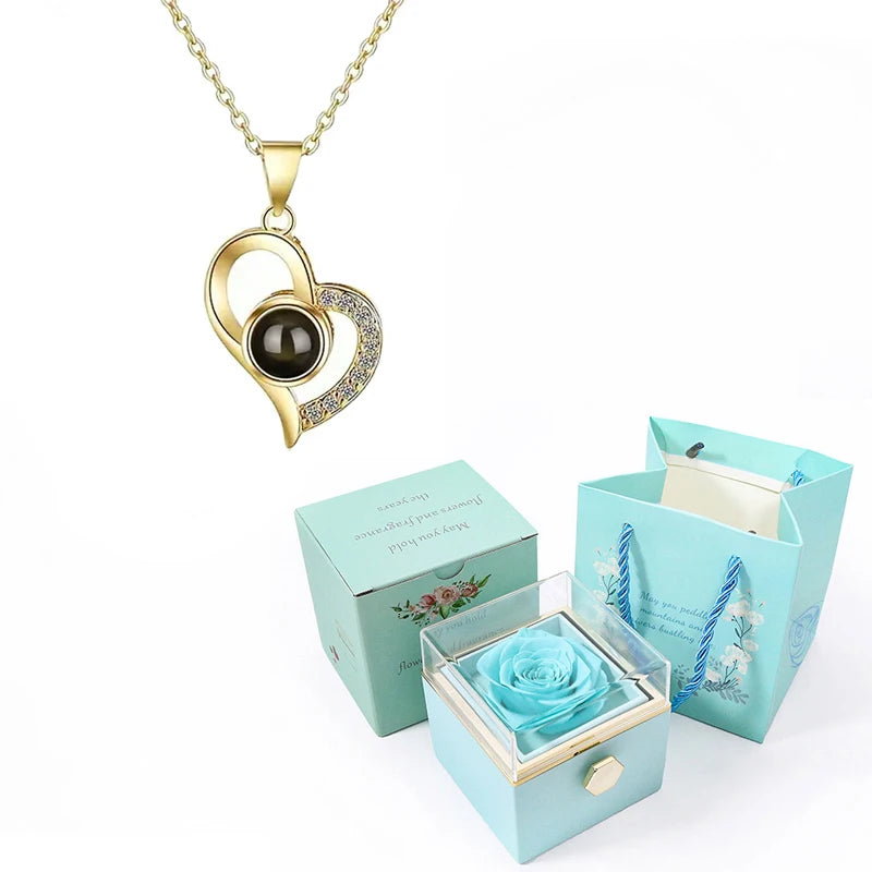 Custom Color Photo Projection Necklace With 360° Rotating Rose Gift Box Heart Pendant For Women Stainless Steel Chain Jewelry