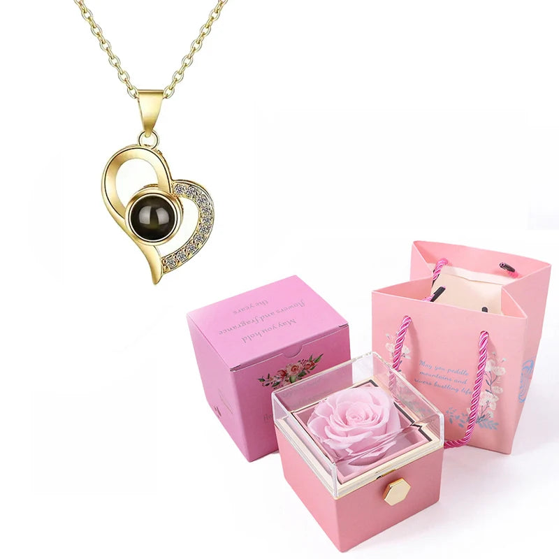 Custom Color Photo Projection Necklace With 360° Rotating Rose Gift Box Heart Pendant For Women Stainless Steel Chain Jewelry