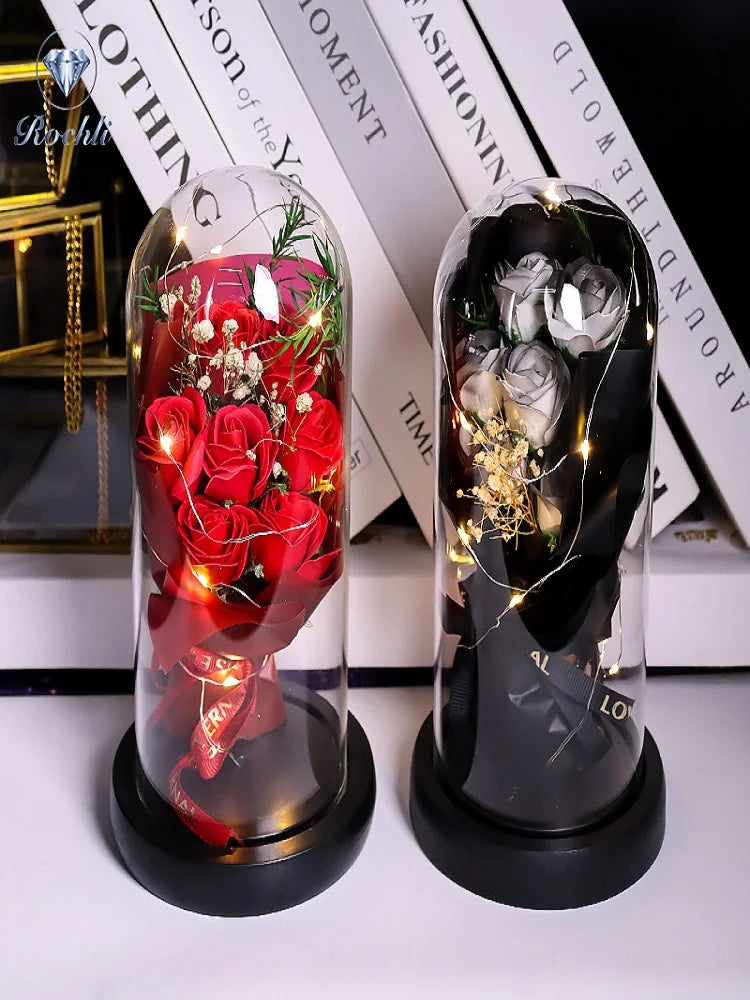 Everlasting Rose LED Glass Dome Bouquet Romantic Illuminated Ornament Perfect Valentine's Day Christmas Home Decor Romantic Gift