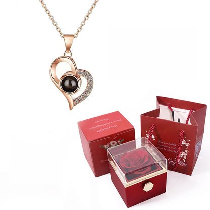 Custom Color Photo Projection Necklace With 360° Rotating Rose Gift Box Heart Pendant For Women Stainless Steel Chain Jewelry