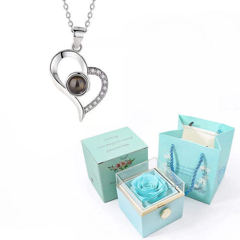 Custom Color Photo Projection Necklace With 360° Rotating Rose Gift Box Heart Pendant For Women Stainless Steel Chain Jewelry