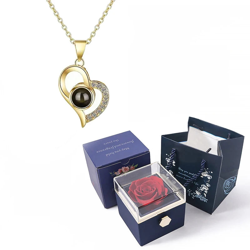 Custom Color Photo Projection Necklace With 360° Rotating Rose Gift Box Heart Pendant For Women Stainless Steel Chain Jewelry