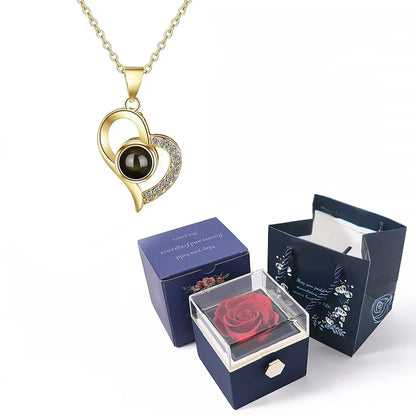 Custom Color Photo Projection Necklace With 360° Rotating Rose Gift Box Heart Pendant For Women Stainless Steel Chain Jewelry