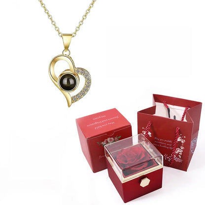 Custom Color Photo Projection Necklace With 360° Rotating Rose Gift Box Heart Pendant For Women Stainless Steel Chain Jewelry