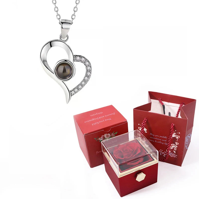Custom Color Photo Projection Necklace With 360° Rotating Rose Gift Box Heart Pendant For Women Stainless Steel Chain Jewelry