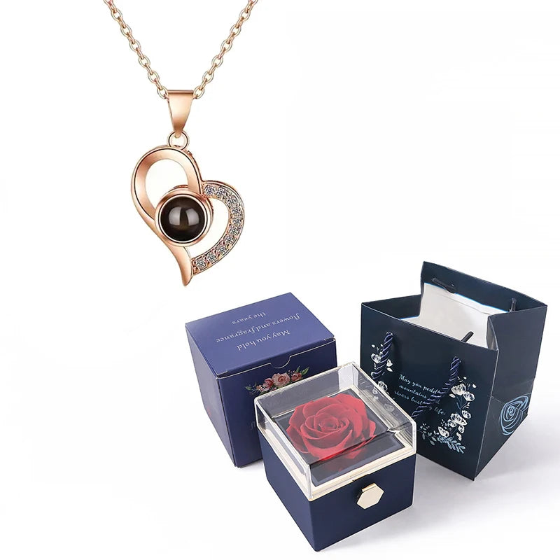 Custom Color Photo Projection Necklace With 360° Rotating Rose Gift Box Heart Pendant For Women Stainless Steel Chain Jewelry