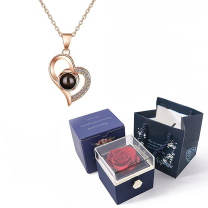 Custom Color Photo Projection Necklace With 360° Rotating Rose Gift Box Heart Pendant For Women Stainless Steel Chain Jewelry