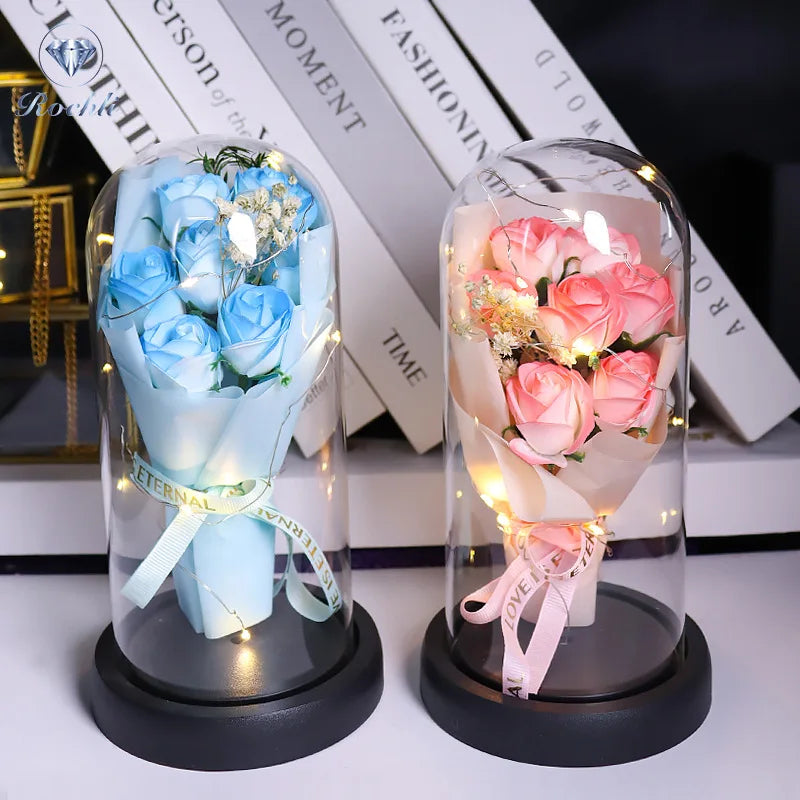 Everlasting Rose LED Glass Dome Bouquet Romantic Illuminated Ornament Perfect Valentine's Day Christmas Home Decor Romantic Gift
