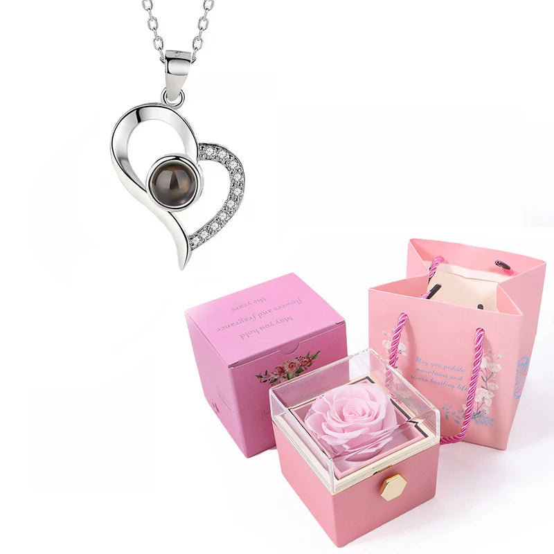 Custom Color Photo Projection Necklace With 360° Rotating Rose Gift Box Heart Pendant For Women Stainless Steel Chain Jewelry