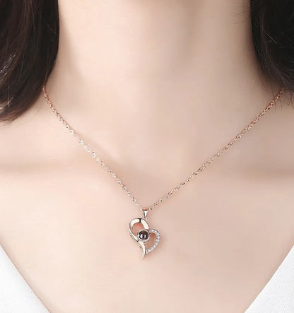 Custom Color Photo Projection Necklace With 360° Rotating Rose Gift Box Heart Pendant For Women Stainless Steel Chain Jewelry