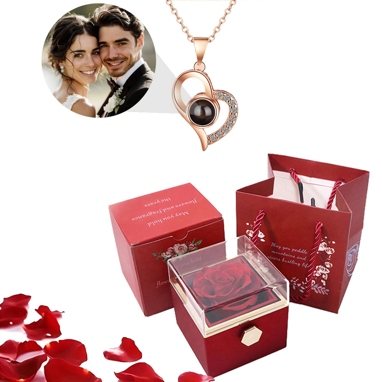 Custom Color Photo Projection Necklace With 360° Rotating Rose Gift Box Heart Pendant For Women Stainless Steel Chain Jewelry